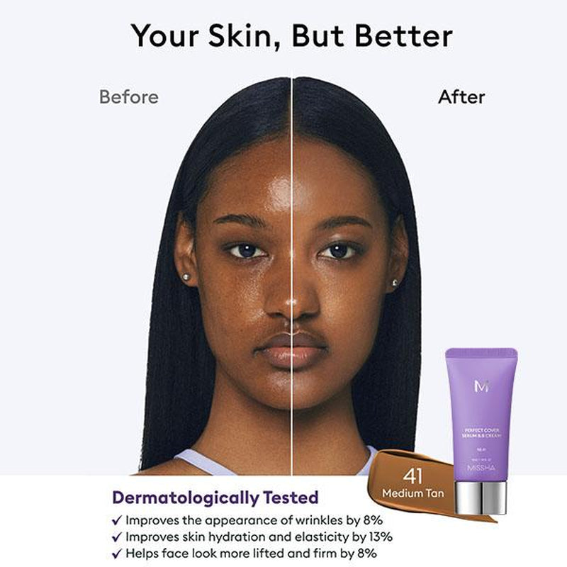 [MISSHA Official] M Perfect Cover Serum BB Cream (35Ml) - Bifida Ferment Lysate Serum-Infused BB Cream for Anti-Aging Skin Rejuvenation, Skin Tint, Tinted Moisturizer, Skin Care Foundation Makeup,Superfood Complex,Glass Skin Cardibb OGBB Purplebb