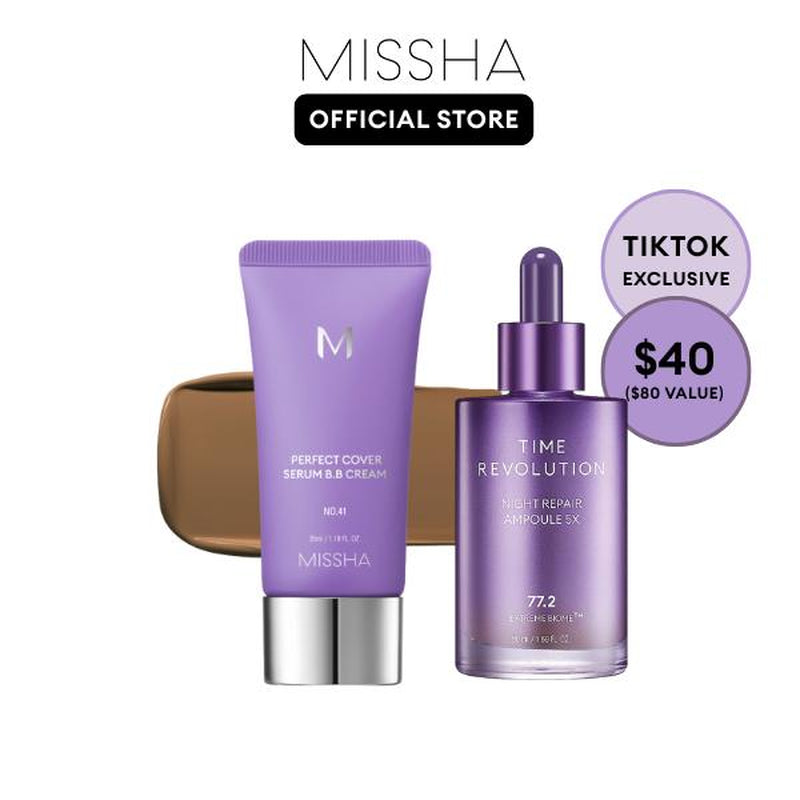 [MISSHA Official] Tiktok Exclusive Viral Serum BB + Night Repair Serum Duo | Bifida Ferment Lysate Serum-Infused BB Cream + Night Serum Combo for Anti-Aging Skin Rejuvenation, Skin Tint, Tinted Moisturizer, Makeup, Glass Skin Cardibb OGBB Purplebb