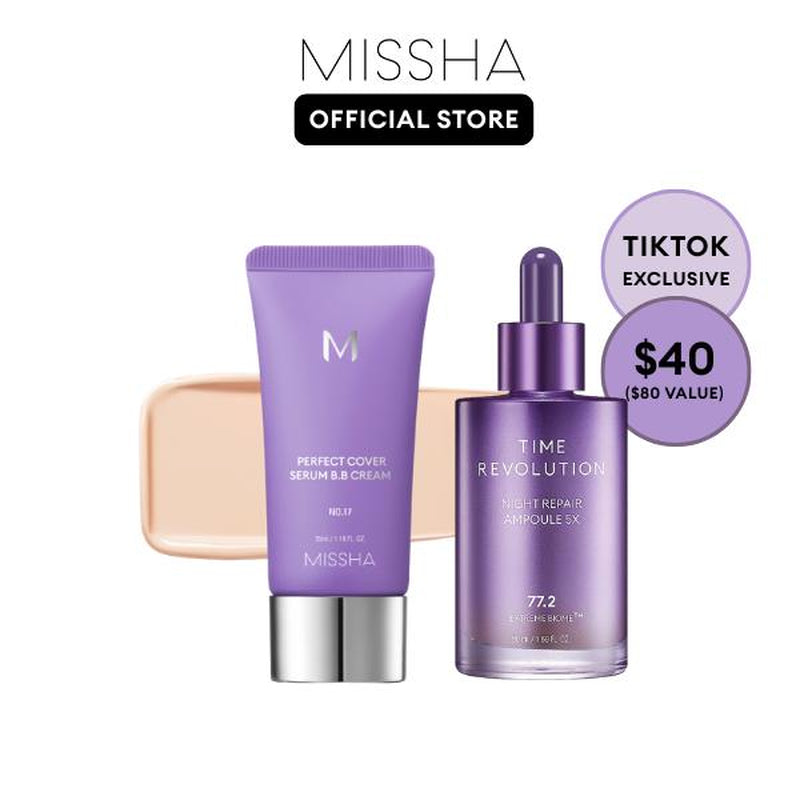 [MISSHA Official] Tiktok Exclusive Viral Serum BB + Night Repair Serum Duo | Bifida Ferment Lysate Serum-Infused BB Cream + Night Serum Combo for Anti-Aging Skin Rejuvenation, Skin Tint, Tinted Moisturizer, Makeup, Glass Skin Cardibb OGBB Purplebb